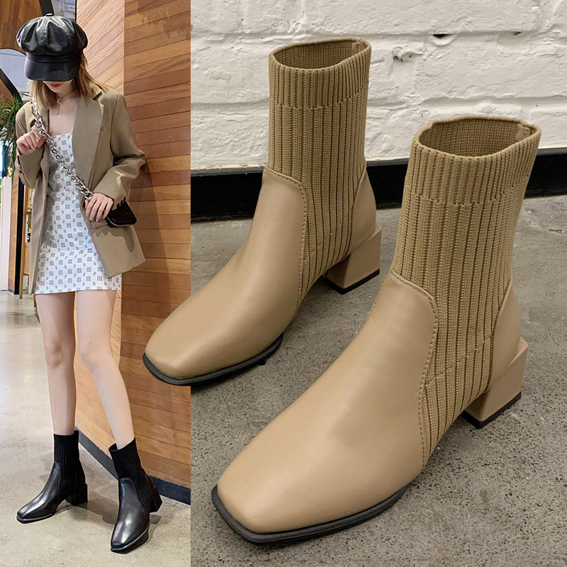 New Personality Niche Square Toe Thick Heel Socks Boots Female Ins Trend